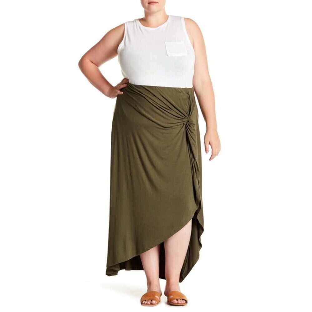 Bobeau Women's Ruched Pull On Hi Lo Maxi Skirt In Army Green Plus Size 3X